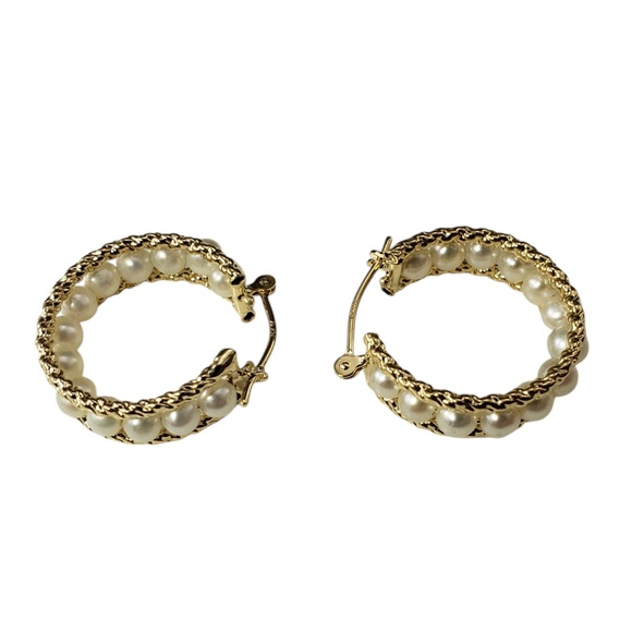 14 Karat Yellow Gold Pearl Hoop Earrings #20632 - Picture 1 of 7